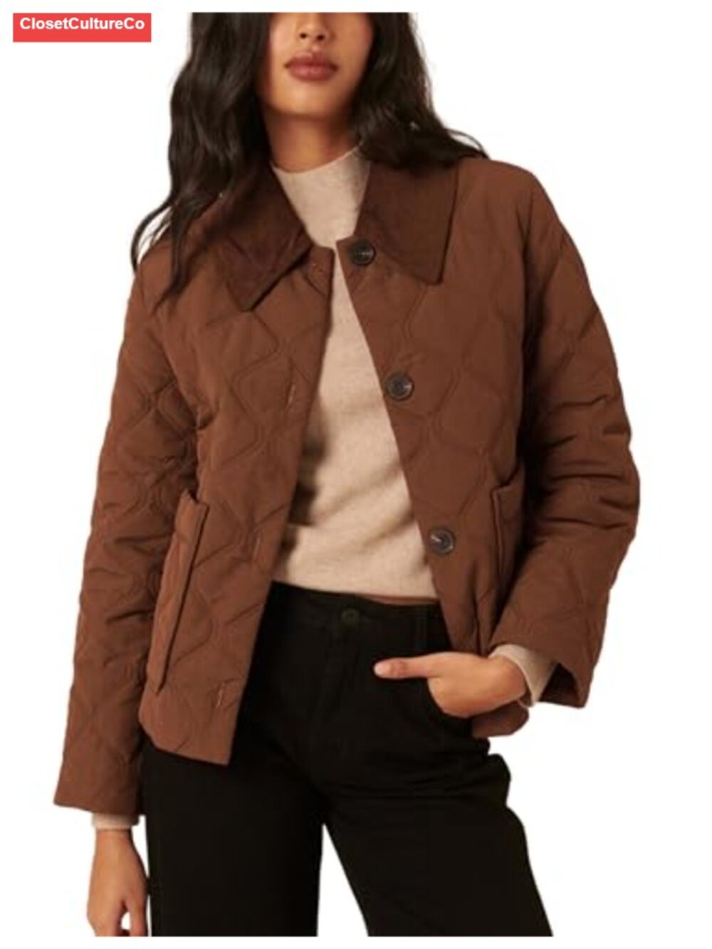 Women's Quilted Button Down Crop Jacket Corduroy Collar Long Sleeve Winter Coat